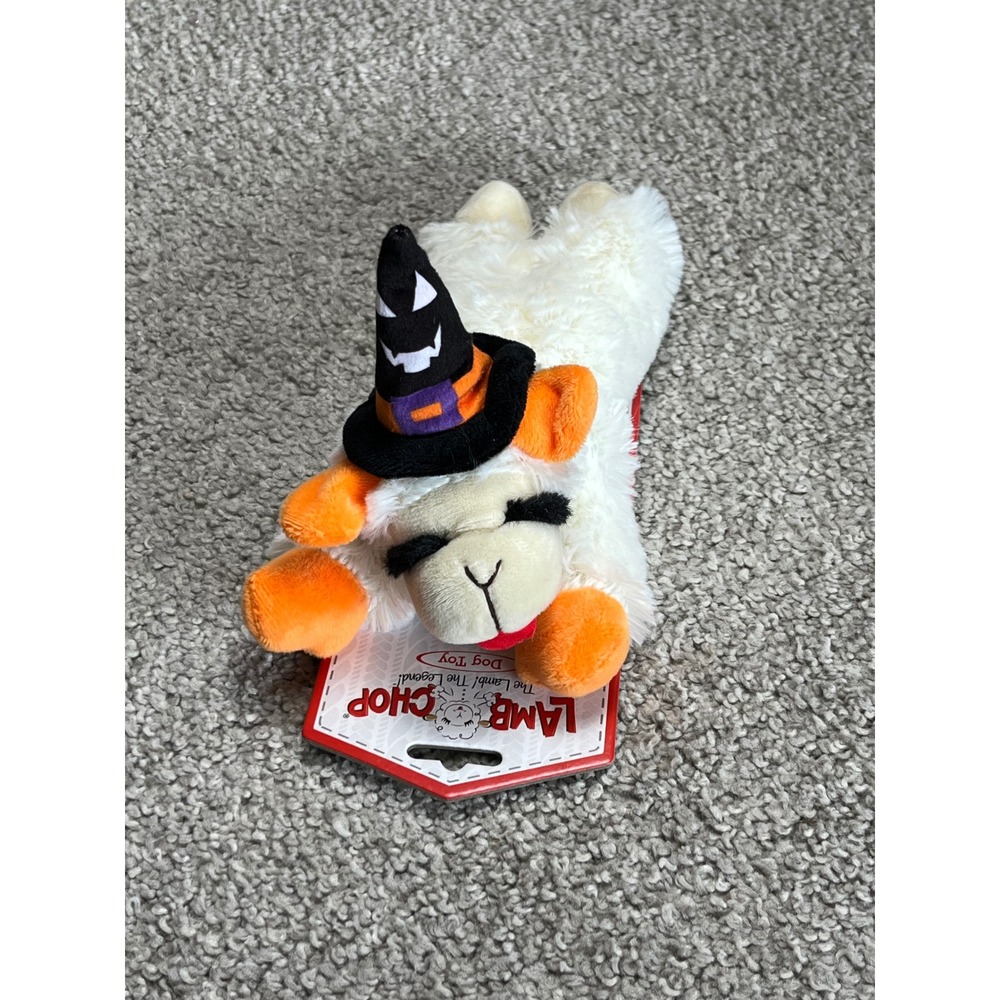 Multipet Halloween Lamb Chop Plush Dog Toy With Witch Hat Squeaky Holiday Small